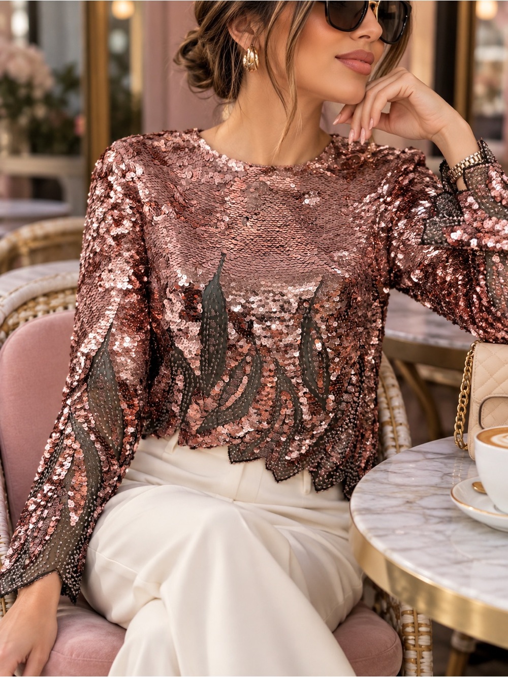 Sequin Long-Sleeve Crewneck Top - Rose Gold